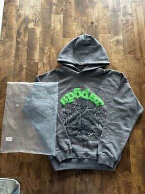 Men's Grey Hoodie with Green 'sp5der' Logo